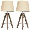 MINISUN 2 X Wood & Chrome Tripod Table Lamps With White Light Shades & 6W GLS LED Bulbs - Beige -MINISUN Shop 13722667 1