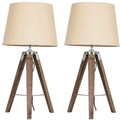 MINISUN 2 x Wood & Chrome Tripod Table Lamps With White Light Shades & 6W GLS LED Bulbs - Beige MINISUN 2 X Wood & Chrome Tripod Table Lamps With White Light Shades & 6W GLS LED Bulbs - Beige -MINISUN Shop 13722667 1