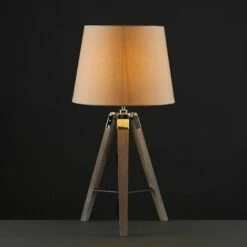 MINISUN 2 X Wood & Chrome Tripod Table Lamps With White Light Shades - Beige 3 MINISUN 2 X Wood & Chrome Tripod Table Lamps With White Light Shades - Beige -MINISUN Shop 13722669 2