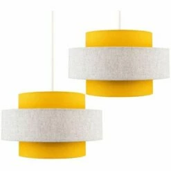 MINISUN 2 X Ceiling Pendant Light Shades In Mustard & Grey Herringbone + 10W LED GLS Bulbs Warm White