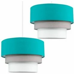 MINISUN 2 X Round 3 Tier Turquoise Teal, Grey & White Fabric Ceiling Light Shades + 10W LED GLS Bulbs Warm White