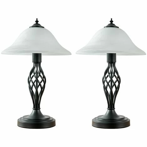 MINISUN 2 x Barley Twist Table Lamps With Frosted Alabaster Shades - Satin Black - No Bulb MINISUN 2 X Barley Twist Table Lamps With Frosted Alabaster Shades - Satin Black - No Bulb -MINISUN Shop 13776650 1
