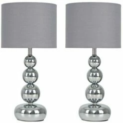 MINISUN 2 X Chrome Stacked Balls Touch Table Lamps + Grey Shade + 5W LED Dimmable Bulbs Warm White