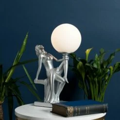 MINISUN Vintage Table Lamp Woman Art Deco With Glass Shade - Silver - Including LED Bulb -MINISUN Shop 14308573 3
