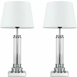 MINISUN 2 X Clear Glass Column Touch Table Lamps With White Shades - No Bulbs
