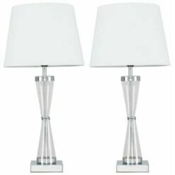 MINISUN 2 X Chrome Hourglass Table Lamps With A Tapered Shades - White - No Bulb