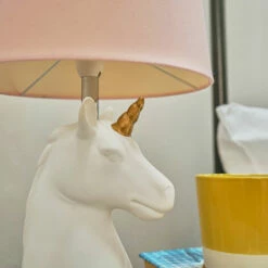 MINISUN 2 X White & Gold Ceramic Unicorn Table Lamps Pink Light Shade - No Bulb -MINISUN Shop 14837311 3
