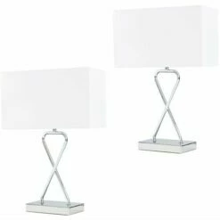 MINISUN 2 X Chrome Table Lamps + White Rectangular Shade - No Bulbs