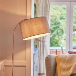 MiniSun Curved Stem Copper Floor Lamp With Drum Lampshade - Grey -MINISUN Shop 15378894 3