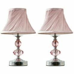 MINISUN 2 X Chrome And Pink Touch Table Lamps + Pleated Shade - No Bulbs