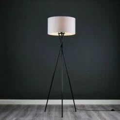 MINISUN Floor Lamp Tripod Camden Light In Black With Cylinder Lampshade - Cool Grey -MINISUN Shop 15682913 2