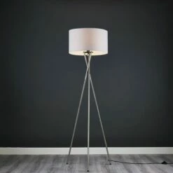 MINISUN Floor Lamp Tripod Camden Light In Brushed Chrome With Cylinder Lampshade - Cool Grey -MINISUN Shop 15683015 2