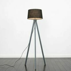 MINISUN Wooden Tripod Floor Lamp In Grey With Doretta Shade - Black - No Bulb -MINISUN Shop 15846481 2