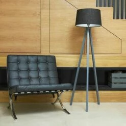 MINISUN Wooden Tripod Floor Lamp In Grey With Doretta Shade - Black - No Bulb -MINISUN Shop 15846481 3