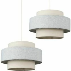 MINISUN 2 X Ceiling Pendant Light Shades In A Cream & Grey Herringbone Finish 10W LED Bulbs Warm White
