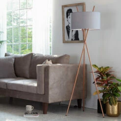 MINISUN Tripod Floor Lamp Crawford Standard Light In Copper With Cylinder Lampshade - Cool Grey -MINISUN Shop 16568221 3