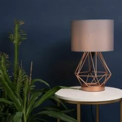 MINISUN Melrose Geometric Touch Table Lamp In Copper With Fabric Lampshades - Grey - No Bulb -MINISUN Shop 16594396 3