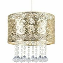 MINISUN Intricate Pattern Gold Ceiling Pendant Light Shade With Jewel Droplets - No Bulb
