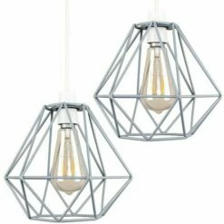 MINISUN 2 X Grey Ceiling Pendant Light Shades + 4W LED Filament Bulbs Warm White