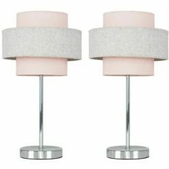 MINISUN 2 X Chrome Touch Table Lamps - Pink & Grey Herringbone - No Bulb
