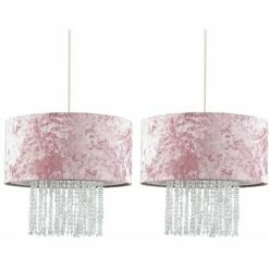 MINISUN 2 X Pink Velvet Ceiling Pendant Light Shades With Clear Acrylic Droplets
