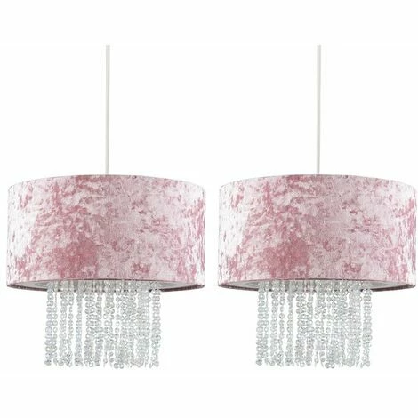 MINISUN 2 x Pink Velvet Ceiling Pendant Light Shades With Clear Acrylic Droplets + 10W LED Bulbs Warm White MINISUN 2 X Pink Velvet Ceiling Pendant Light Shades With Clear Acrylic Droplets + 10W LED Bulbs Warm White -MINISUN Shop 16594569 1