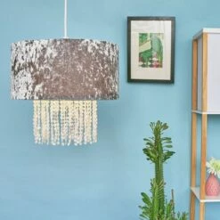 MINISUN 2 X Silver Grey Velvet Ceiling Pendant Light Shades With Clear Acrylic Droplets -MINISUN Shop 16594574 3