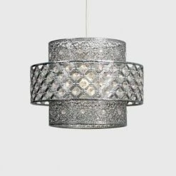 MINISUN 3 Tier Intricate Pattern Chrome Ceiling Pendant Light Shade With Clear Acrylic Crystal Jewels - No Bulb -MINISUN Shop 16648044 2