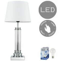 MINISUN Glass Column Touch Table Lamp Small Tapered Shade & LED Bulb - White