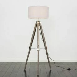 MINISUN Tripod Floor Lamp Clipper In Light Wood With Cylinder Shade - Cool Grey -MINISUN Shop 16649972 2
