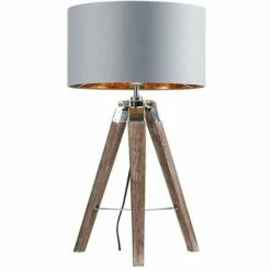 MINISUN Chrome & Wood Tripod Table Lamp With Large Drum Shade - Grey & Gold