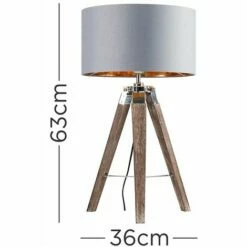 MINISUN Chrome & Wood Tripod Table Lamp With Large Drum Shade & LED Bulb - Grey & Gold -MINISUN Shop 16788526 4