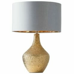 MINISUN Metallic Gold Indent Textured Ceramic Table Lamp Grey/Gold Drum Shade - No Bulb