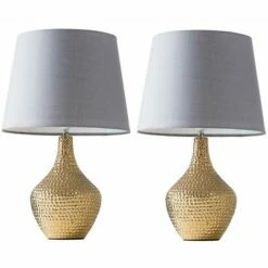 MINISUN 2 X Metallic Gold Indent Textured Ceramic Table Lamps - Grey - No Bulb