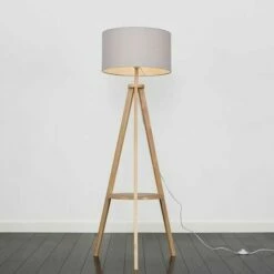 MINISUN Tripod Shelf Floor Lamp In Light Wood With Large Drum Shade - Cool Grey 3 MINISUN Tripod Shelf Floor Lamp In Light Wood With Large Drum Shade - Cool Grey -MINISUN Shop 23437435 2