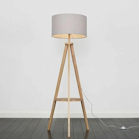 MINISUN Tripod Shelf Floor Lamp in Light Wood with Large Drum Shade - Cool Grey MINISUN Tripod Shelf Floor Lamp In Light Wood With Large Drum Shade - Cool Grey -MINISUN Shop 23437435 2