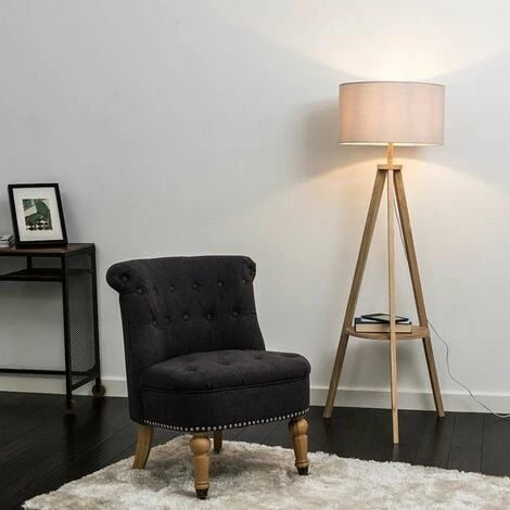 MINISUN Tripod Shelf Floor Lamp in Light Wood with Large Drum Shade - Cool Grey MINISUN Tripod Shelf Floor Lamp In Light Wood With Large Drum Shade - Cool Grey -MINISUN Shop 23437435 3