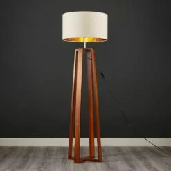 MINISUN Beltan 4 Leg Floor Lamp In Dark Wood With Reni Shade - Beige & Gold - No Bulb -MINISUN Shop 26800753 2