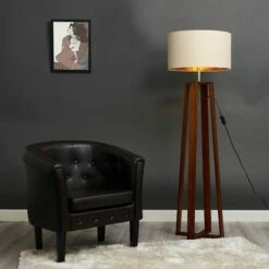 MINISUN Beltan 4 Leg Floor Lamp In Dark Wood With Reni Shade - Beige & Gold - No Bulb -MINISUN Shop 26800753 3