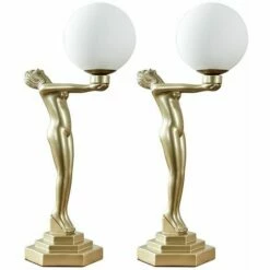 Front Page 17 MINISUN Pair Of Woman Holding Globe Table Lamps Gold Painted Art Deco - No Bulbs
