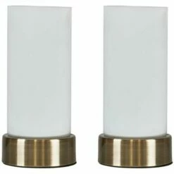 MINISUN 2 X Antique Brass Touch Table Lamps & Frosted Glass Shades - No Bulb