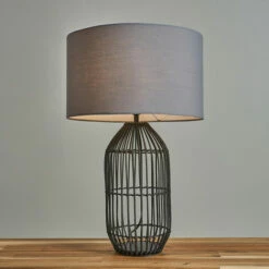 MINISUN Large Black Rattan Table Lamp With Fabric Lampshade - Grey - No Bulb -MINISUN Shop 47160528 2