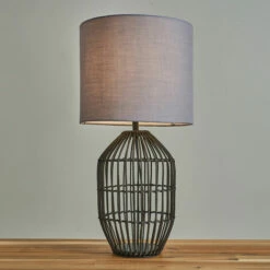 MINISUN Matt Black Rattan Table Lamp With Fabric Lampshade - Dark Grey - No Bulb -MINISUN Shop 47160546 2