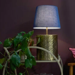 MINISUN Gold Patterend Table Lamp Base With Fabric Lampshade - Navy Blue -MINISUN Shop 49239623 2