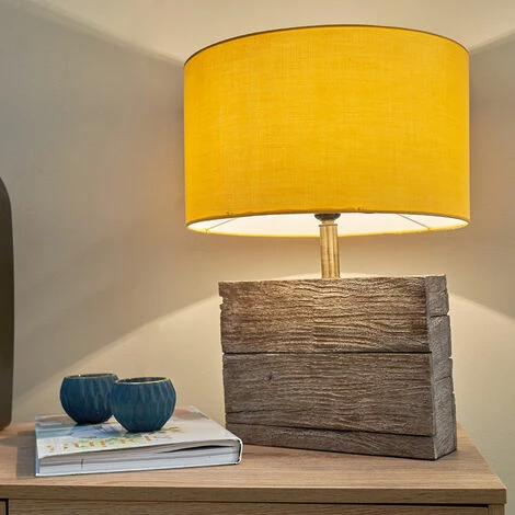 MINISUN Natural Rustic Wood Table Lamp with Drum Lampshade - Mustard MINISUN Natural Rustic Wood Table Lamp With Drum Lampshade - Mustard -MINISUN Shop 49239909 2