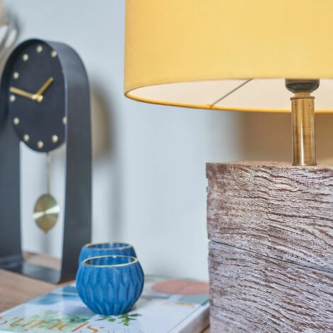 MINISUN Natural Rustic Wood Table Lamp with Drum Lampshade - Mustard MINISUN Natural Rustic Wood Table Lamp With Drum Lampshade - Mustard -MINISUN Shop 49239909 3