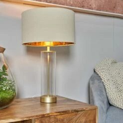 MINISUN Matt Gold & Clear Tube Table Lamp With Large Lampshade - Beige & Gold -MINISUN Shop 50987013 2