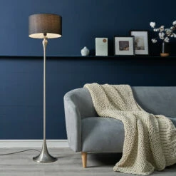 MINISUN Brushed Chrome Spindle Floor Lamp Light With Fabric Lampshade - Black -MINISUN Shop 51602693 2