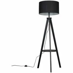 Front Page 22 MINISUN Morrigan Tripod Shelf Floor Lamp In Black With Large Reni Shade - Black - No Bulb