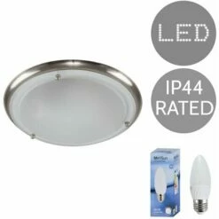 MINISUN IP44 Flush Bathroom Ceiling Light + 4W Cool White LED Candle Bulb - Brushed Chrome